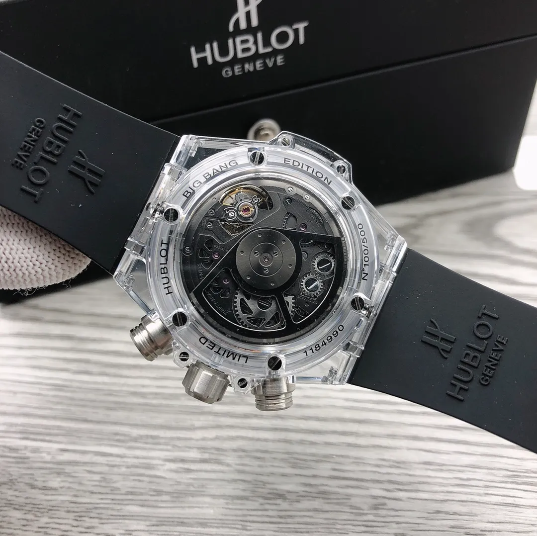 【Top Replica】💰Private chat! Hublot HUBLOT Hublot A42 watch is the best replica of the year - Hublot BIG BANG series 411.JX.4802.RT "fully transparent watch" [Excellent details] 1. Restore the hollow layout of the dragons and phoenixes behind the authentic dial, 2. Use the same acrylic plexiglass as the original for ultimate cloning - completing the impossible task. This material not only has high hardness, but also has excellent physical properties such as corrosion resistance and wear resistance. High-definition scratch-resistant sapphire 💎 glass [Movement function] The diameter of the watch is 45mm. The enhanced version of the chronograph 7750 movement is used to modify the original HUB.1242 core to achieve all functions consistent with formal wear. [Strive for excellence] Go all out, check every level, and try our best to restore every detail of the authentic product while ensuring a perfect "perspective sense". [Gift] Comes with a pair of natural rubber straps of the same style and different colors (can replace the original), the first "fully transparent masterpiece" in the replica industry