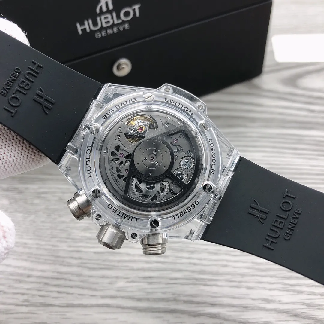 【Top Replica】💰Private chat! Hublot HUBLOT Hublot A42 watch is the best replica of the year - Hublot BIG BANG series 411.JX.4802.RT "fully transparent watch" [Excellent details] 1. Restore the hollow layout of the dragons and phoenixes behind the authentic dial, 2. Use the same acrylic plexiglass as the original for ultimate cloning - completing the impossible task. This material not only has high hardness, but also has excellent physical properties such as corrosion resistance and wear resistance. High-definition scratch-resistant sapphire 💎 glass [Movement function] The diameter of the watch is 45mm. The enhanced version of the chronograph 7750 movement is used to modify the original HUB.1242 core to achieve all functions consistent with formal wear. [Strive for excellence] Go all out, check every level, and try our best to restore every detail of the authentic product while ensuring a perfect "perspective sense". [Gift] Comes with a pair of natural rubber straps of the same style and different colors (can replace the original), the first "fully transparent masterpiece" in the replica industry