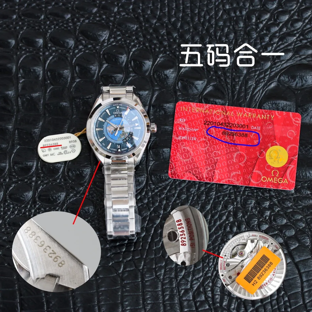 Omega Seamaster Boutique [Highest Quality Version] 🐲On the 15th anniversary of the launch of the Aqua Terra series, Omega has specially released a new world time watch [Size]: 43mm [Same size as the original] [Movement]: 2836 movement changed to Caliber 8939 [Different from the ordinary version on the market, the world time can be adjusted individually and quickly] [Mirror]: Sapphire crystal glass Air double-layer colorless coating [Air coating makes the mirror surface more transparent, and the time can still be read under strong light] [Case]: 316L stainless steel case, all details are processed by CNC [Pointer]: Stainless steel polished pointer {No copper embryo pointers are used, because the polished stainless steel pointer does not require electroplating after treatment, which makes the process difficult and costly. But the three-dimensional effect is extremely strong. The polished cut surface is smoother [Dial]: All textures are formed in one piece, fully reflecting its three-dimensional effect. It is composed of multi-layered dials that are overlapped and fixed. The northern hemisphere world time in the center of the dial is fired with enamel technology. The overall dial presentation is very perfect. [Strap]: Italy is comparable to crocodile skin texture. Currently, we are the only one who can do it. The original one reaches the interchange level. [Button]: The first Omega double-press butterfly buckle, original mold opening [Watchmaking process] From the finalization of the plan to the finished product, it took 18 months of repeated research and experiments, not for the fastest, but for the ultimate.