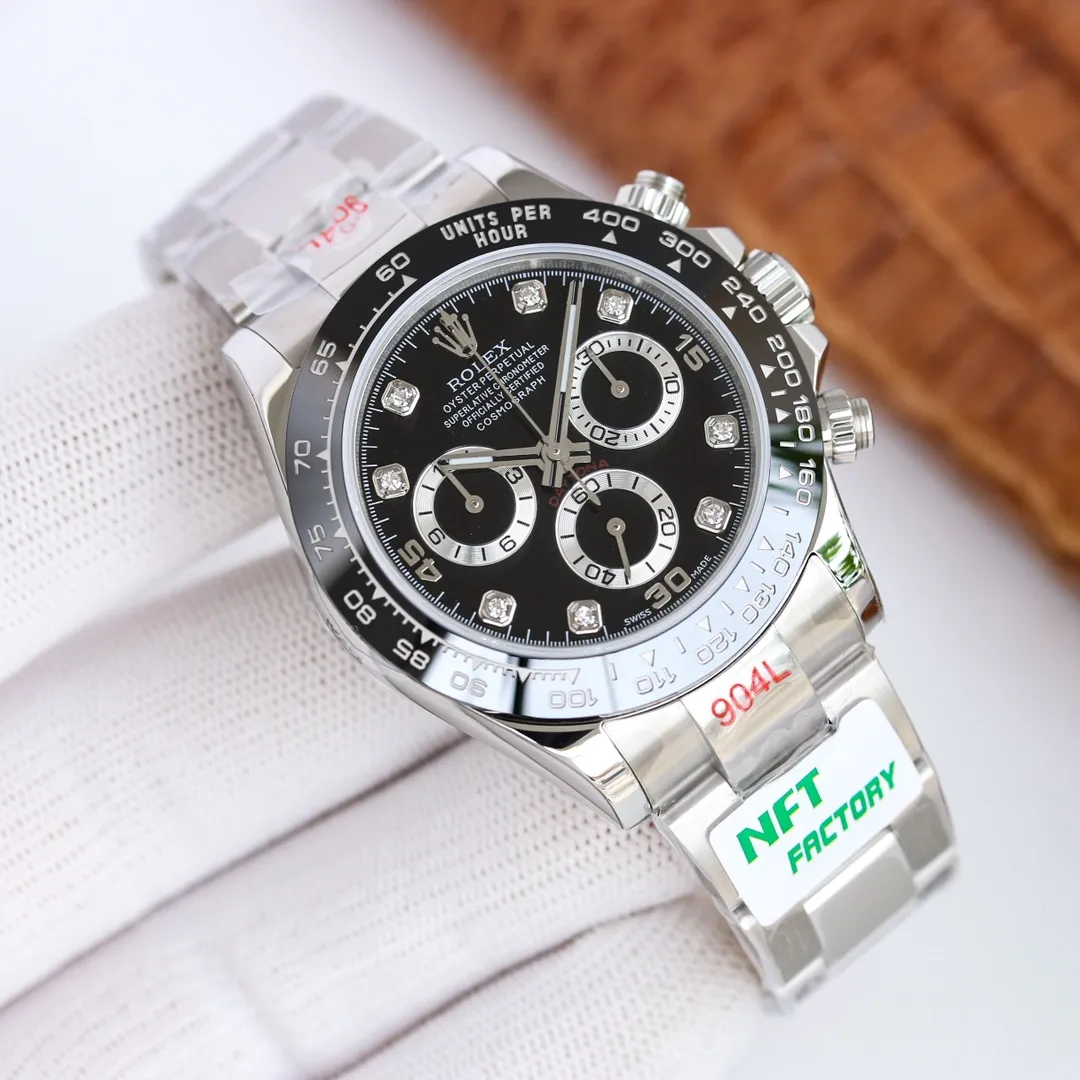 NFT super masterpiece 12.3 thickness Factory C copy Rolex Cosmograph Daytona A new version is coming 1: The new version uses 904L stainless steel case buckle, making it more cost-effective than the common version on the market. 2: The movement timing scheme has been perfectly revised, using the Dandong chronograph movement with the best reputation at present to update the thickness and solve the "castration timing" shortcomings of the previous version, and adjust the time in one gear Excluding gaps, the timing function is consistent with the original, and the measured thickness is 12.3mm. 3: The entire watch scale and three-dimensional hands are deeply polished, super Swiss luminous fills the small eyes with a solid effect, uses the most praised CLEAN ceramic ring, and is the only oysterflex tape on the market that uses ultra-thin metal steel sheets that are consistent with the genuine quality. Perfectly correcting the shortcomings and defects of all copies in the past ten years, the shell and text colors are more delicate to create a visual effect consistent with the original. NFT brainstorms and consults the precious opinions of the majority of watch friends to redefine the highest quality Daytona copy. The real C factory copy Rolex Daytona [Super cost-effective] [Produced by NFT]