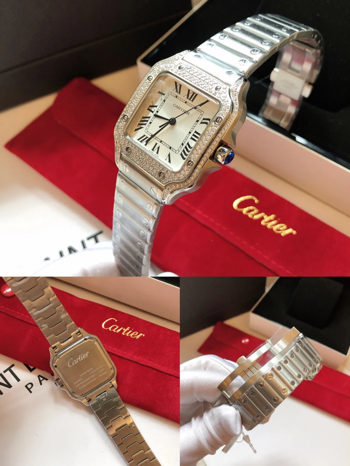 【Foreign trade import】💰1360! The first public launch of the new V12 version of Cartier, 35mm women's Santos (ultra-thin series) exclusive customized Cartier red bag, genuine original order mold opening, movement type: imported quartz movement. Table diameter: Female 35 Case material: 316 stainless steel. The steel belt has Cartier's unique screws, and the belt is calfskin imported from Italy. The details and workmanship are consistent with the original product. Taiwan G Factory v12 version exclusive quality ⚠️⚠️ (exclusively equipped with a red bag) no returns or exchanges will be accepted without a bag.